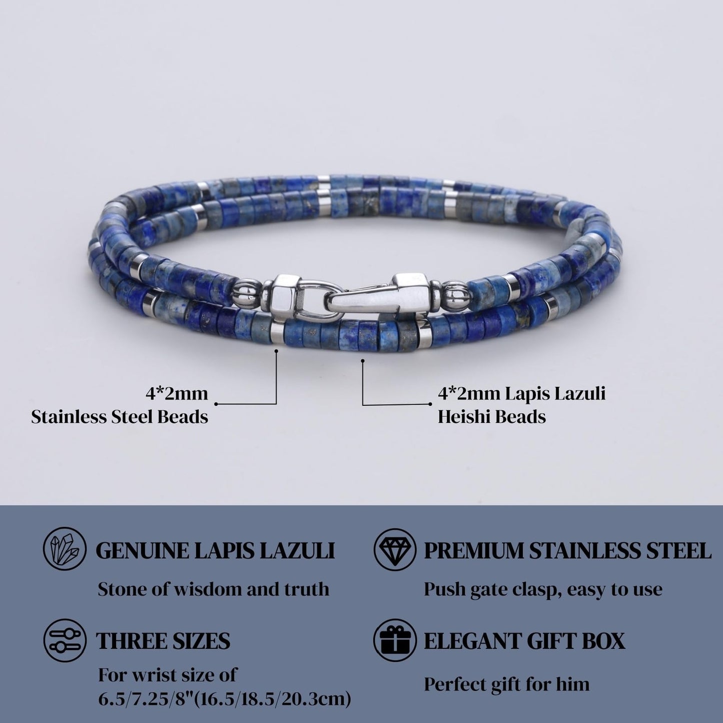 COAI Lapis Lazuli Bracelet for Men, Layered Blue Stone Heishi Beads Bracelet for Men L
