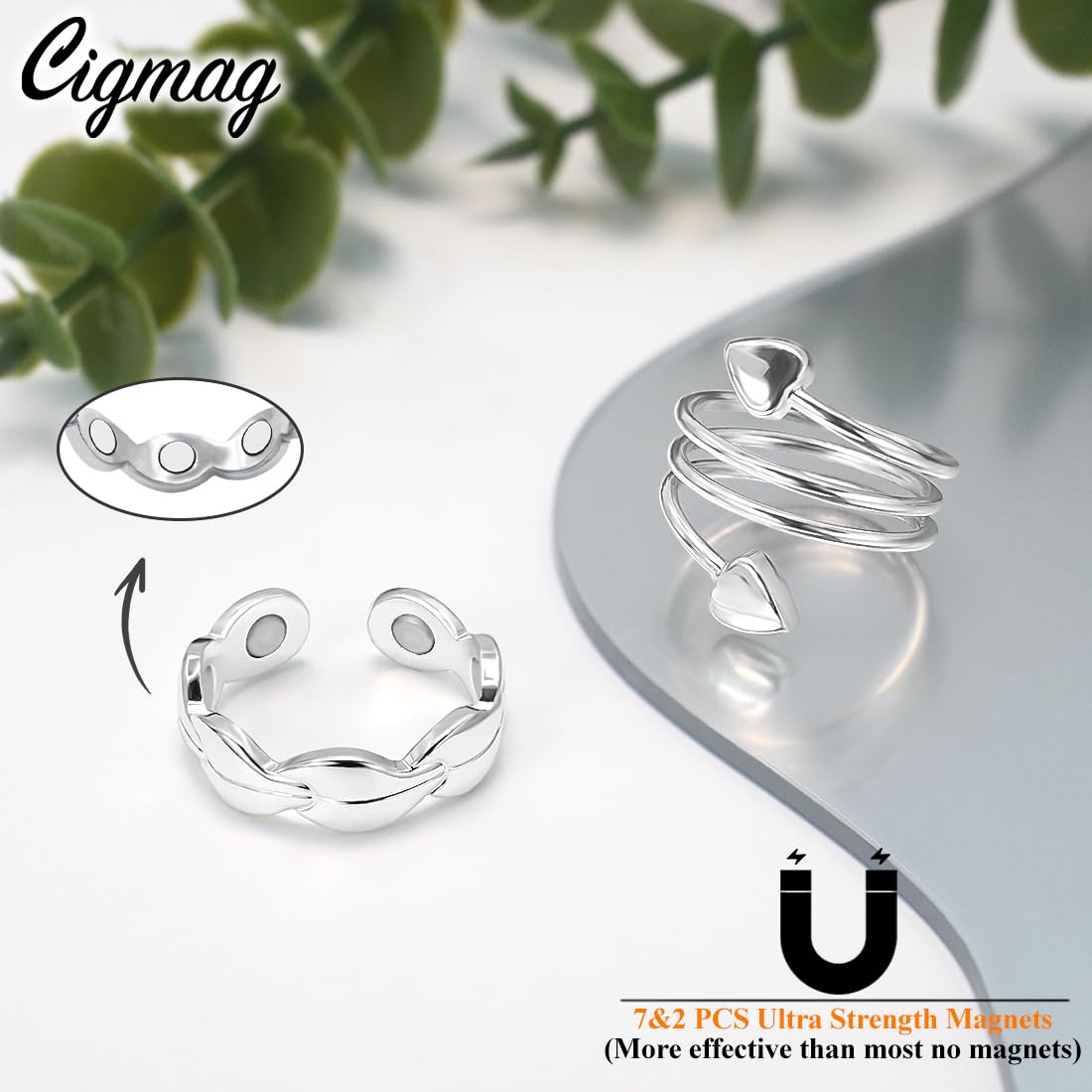 Cigmag 2PCS Copper Rings for Women - Pure Copper Magnetic Ring Strong Magnets - Adjustable with Present Box