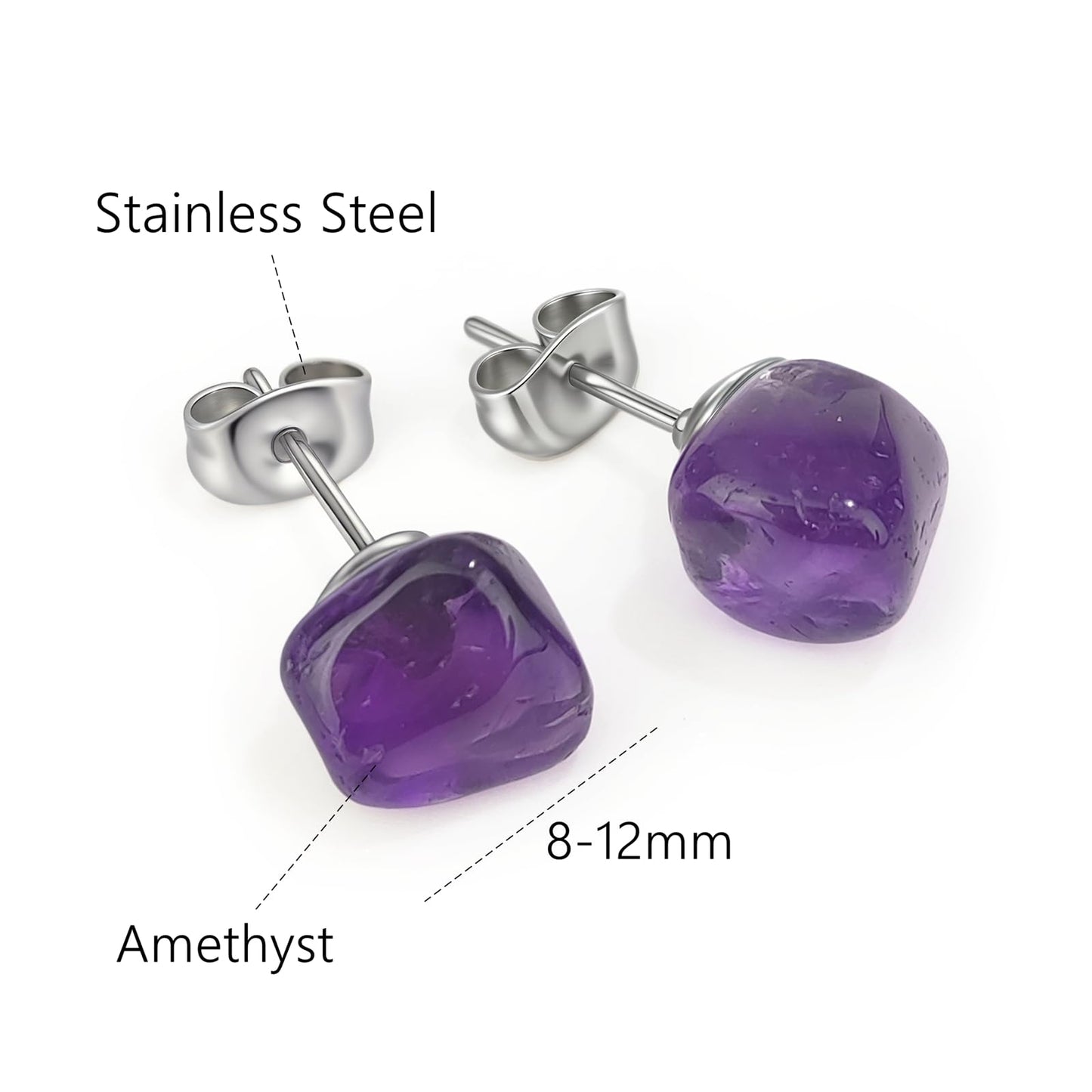 Amethyst Earrings, Irregular Gemstone Purple Amethyst Stud Earrings Stainless Steel, Reiki Healing Crystal Birthstone Earrings for Women(Amethyst)