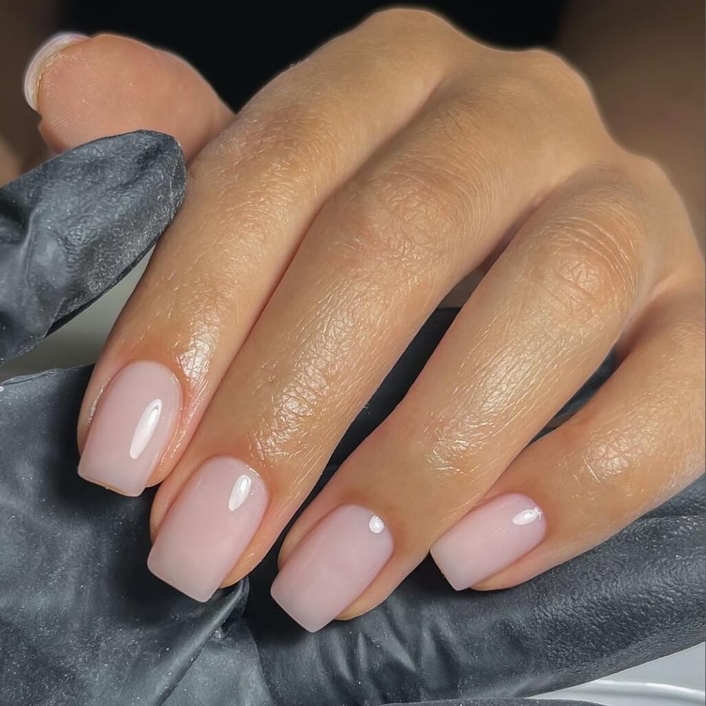 KQueenest Subtle Light Pink Press on Nails Short Square, Soft Gel Fake Nails Press on with Pure Color, Bright Reusable False Nails Stick on Nail for Women Salon Manicure
