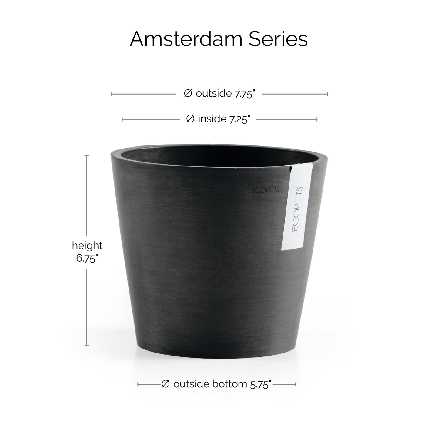 Ecopots Amsterdam Durable Modern Round Indoor/Outdoor Recycled-Based Composite Flower Pot Planter, Dark Grey, 8"