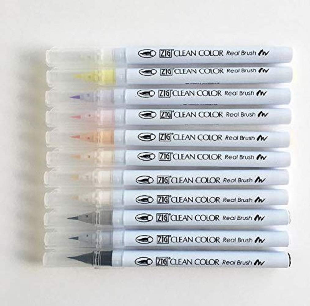 Kuretake ZIG CLEAN COLOR Real Brush Neutral & Natural Tones 12 Colors set, AP-Certified, Flexible Brush Tip, Odourless, Xylene Free, Easy to creat narrow and wide lines, Made in Japan