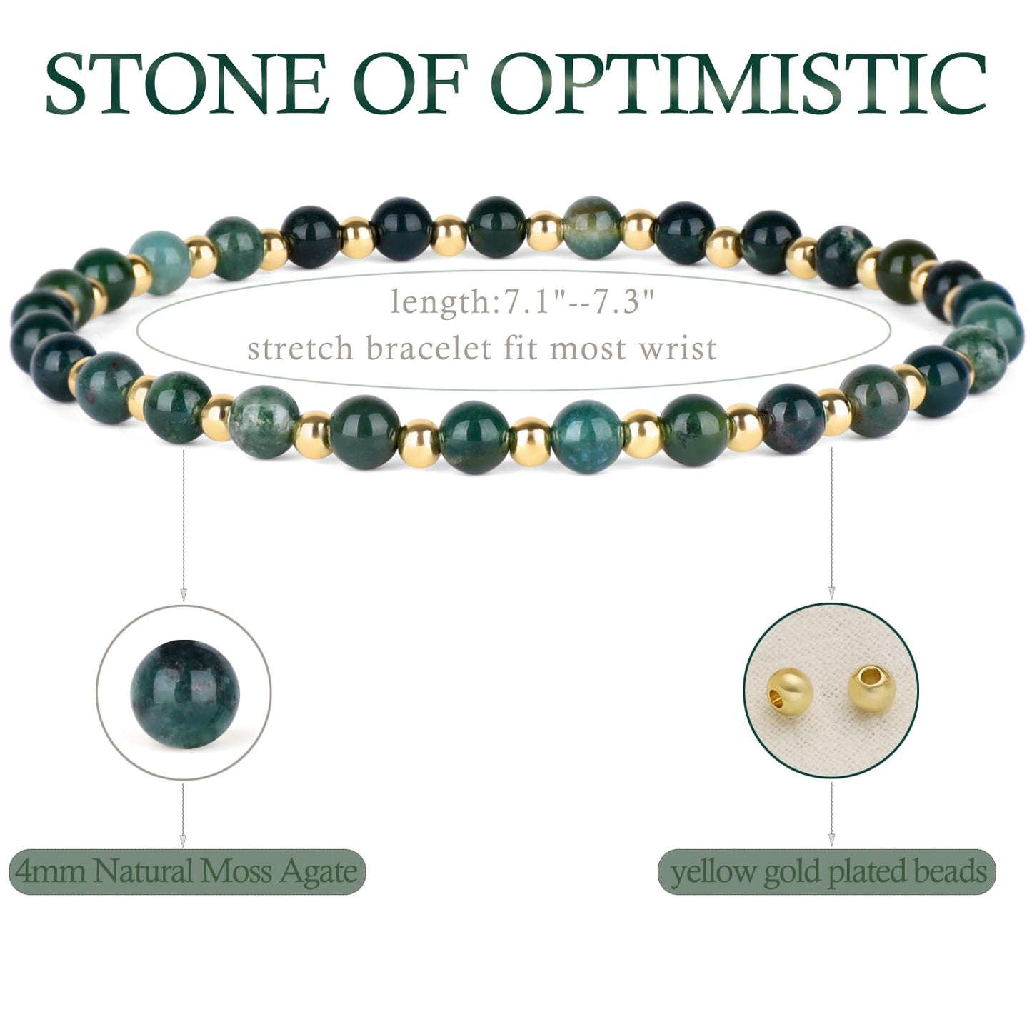 QOGIR Moss Agate - Stone of Optimistic - 14K Gold Plated Beads Natural Gemstone Stretch Elastic Dainty Healing Beaded Bracelets Gifts 4mm