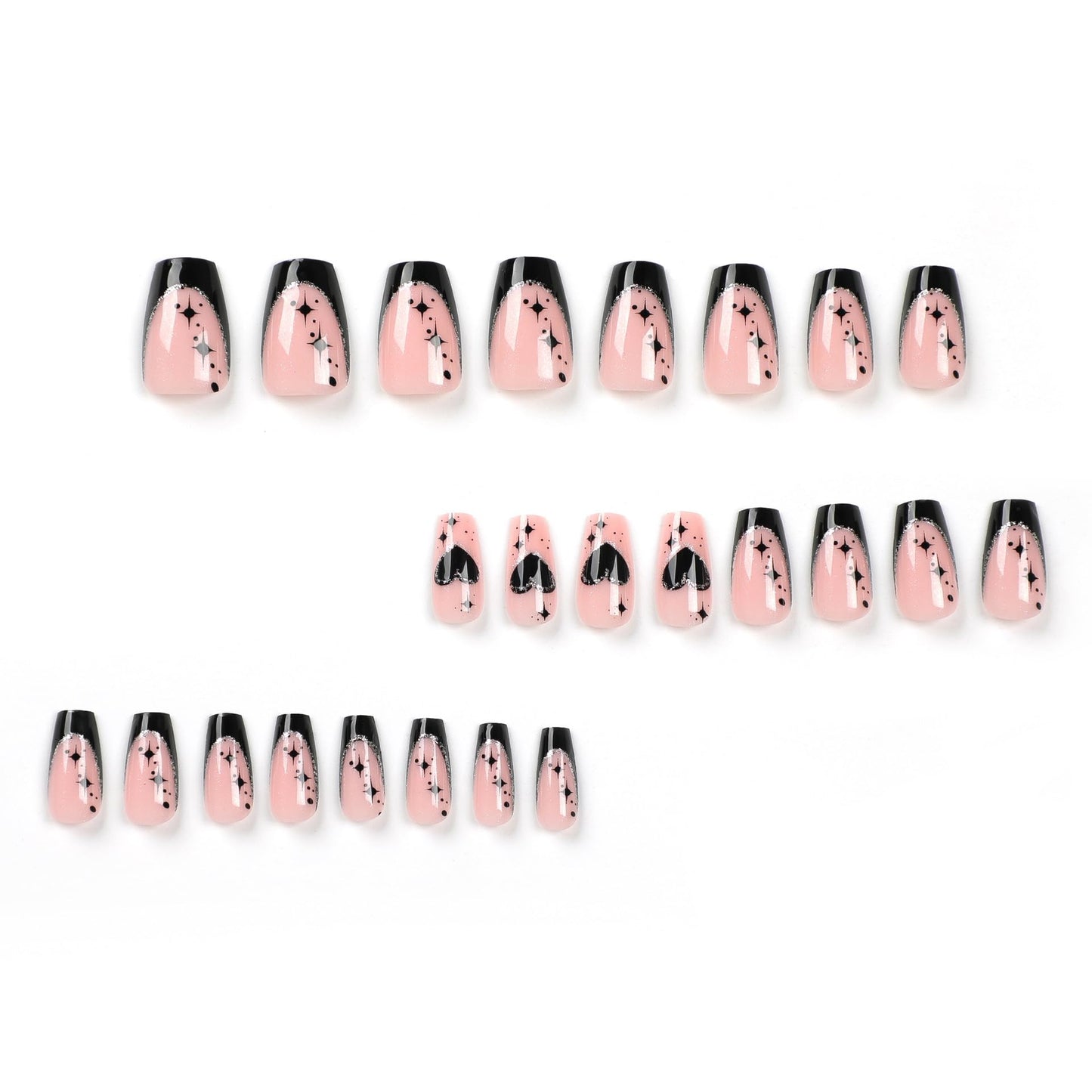 Medium Press on Nails Coffin - Black French Tip Fake Nails with Heart Star Design - Glitter Glossy Full Cover Stick on False Nails - for Women 24 Pcs