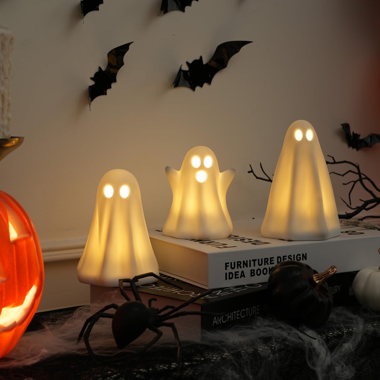 Light Up Ghost Halloween Decor - 3 Pack Ceramic White Ghost Figurines - Indoor, Table, Tray