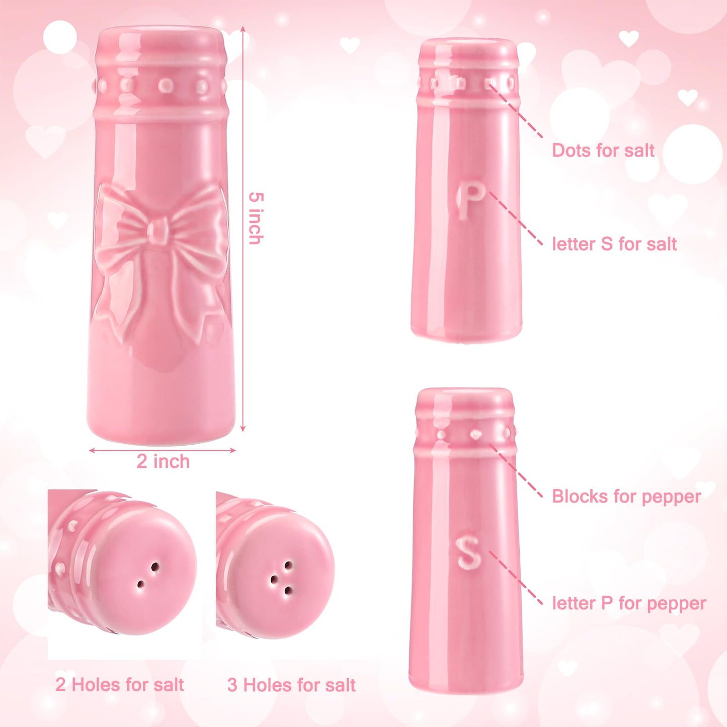 Acellegic 2 Pcs Pink Bow Salt and Pepper Shakers Cute Bow Kitchen Accessories Pink Ceramic Decorative Salt and Pepper Shaker Set Coquettish Preppy for Kitchen Dinner Table Party Gifts for Women
