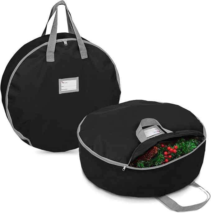 Primode Christmas Wreath Storage Bag 30" - 2 Pack Artificial Wreath Container - Garland Holiday Xmas Wreaths Holder - Sturdy Handles - Card Slot Zipper Strong 420D Oxford (30 Inch, Black)