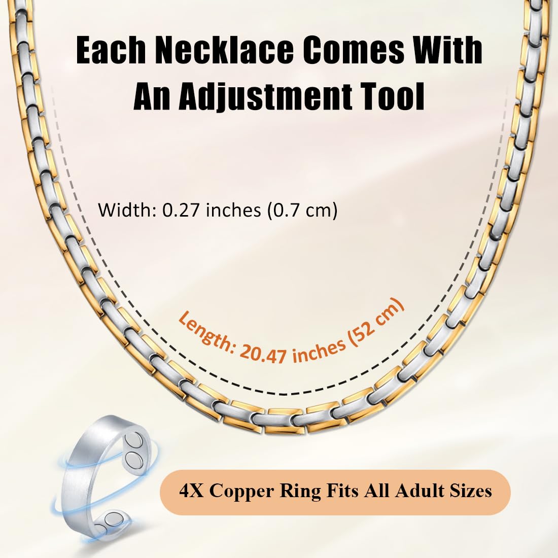 Vicmag Magnetic Titanium Necklace for Men & Women, Titanium Necklace Set with 4X Ultra Strength Magnets Ring, Adjustable Chain & Sizing Tool(Silver Gold)