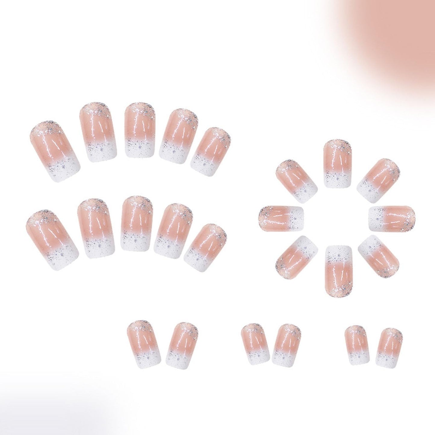 Square Press on Nails Meidum Short Fake Nails with Silver Glitter Designs Nude & White Translucent Nails Press ons Glossy Simple Acrylic Nails for Women 24 Pcs