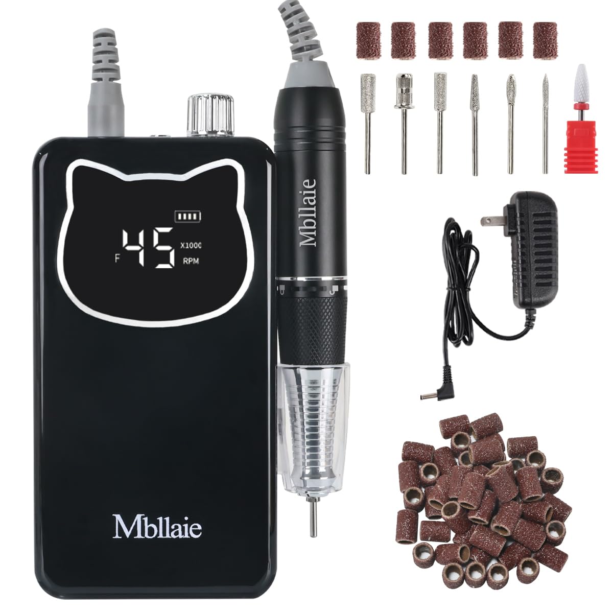 Professional Nail Drill File 45000RPM Electric Portable Nails Drills Kit with Rechargeable 7 uñas Bits Cordless Efile for Poly Gel Acrylic Nails Remover Home Salon Pedicure Manicure Tool (Black)