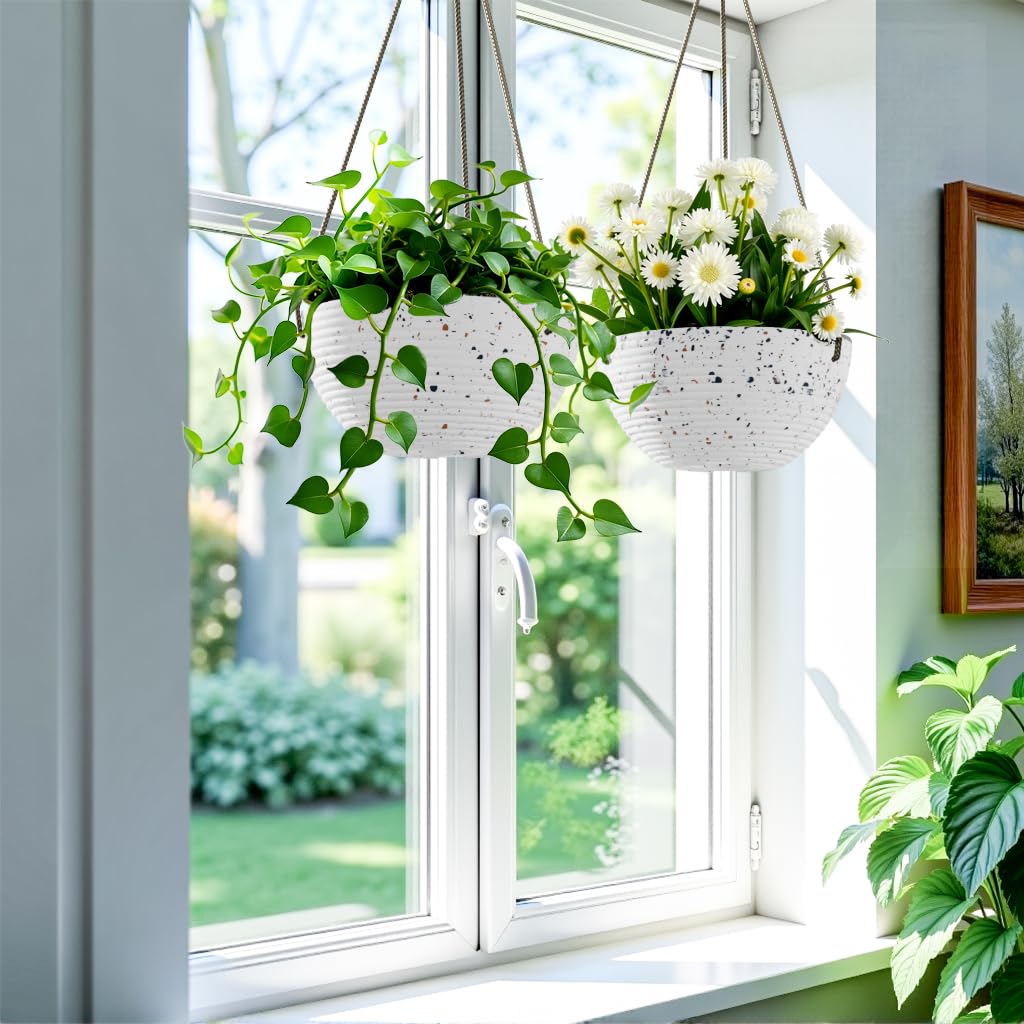 Asnext Line Pattern 10 Inch Hanging Planter for Indoor Outdoor Plants, 2 Pack Round Hanging Pots for Plants (Speckled White)