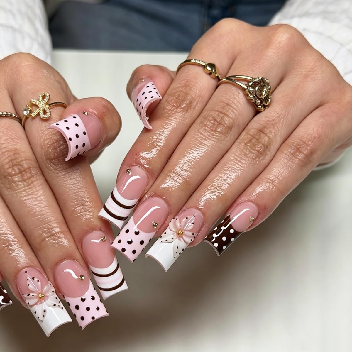 Polka Dot Press on Nails Long Square Fake Nails French Tip Nails Press ons with Flower Design Pink Brown Summer Glue on Nails Full Cover Glossy Stick on Nail for Women Manicure 24Pcs