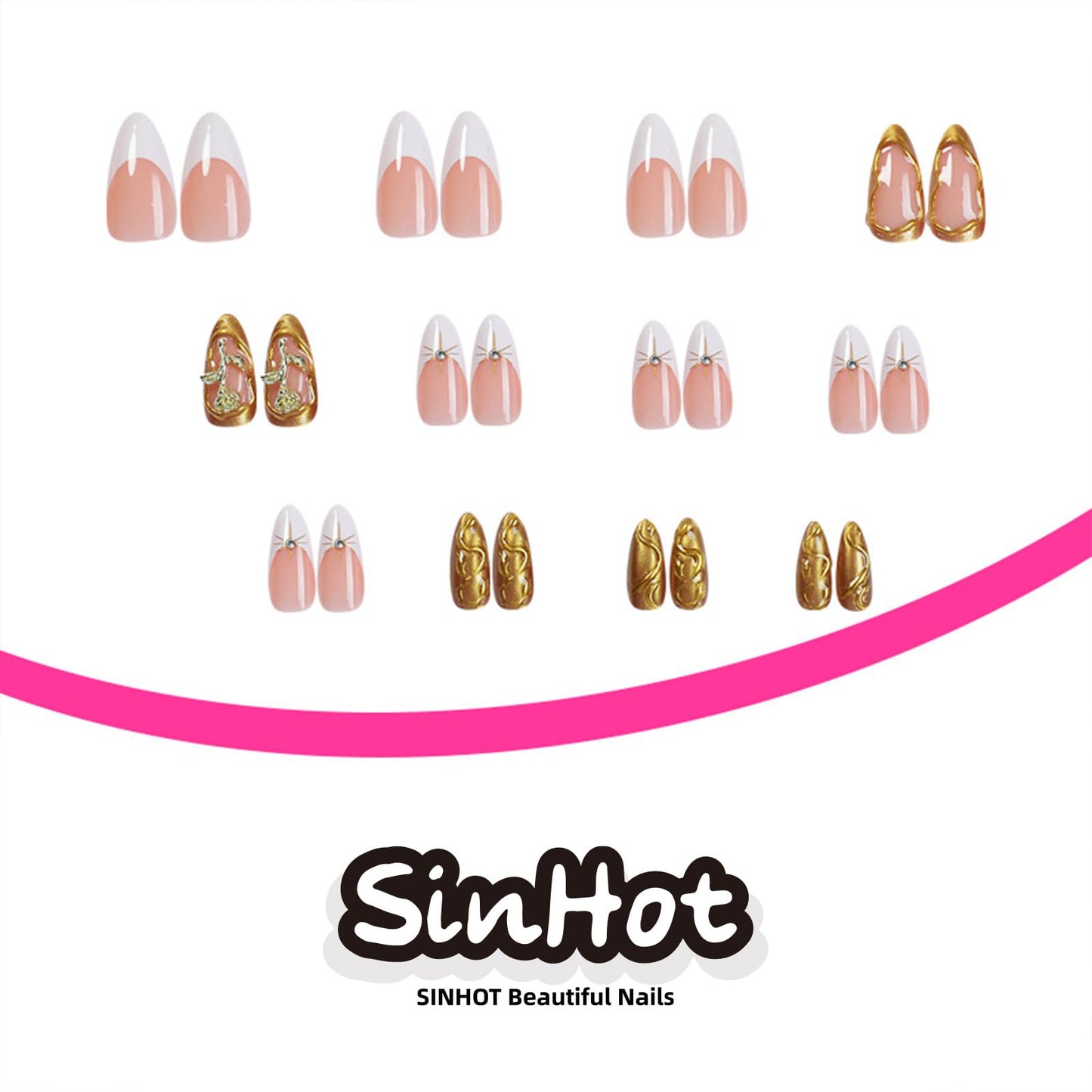 SINHOT Almond Press on Nails Medium Fake Nails Glossy Glue on Nails 3D Gold Rose Acrylic Nail Gold Chrome Stiletto Artificial Nail French Tip Stick on False Nail with Design 24 pcs
