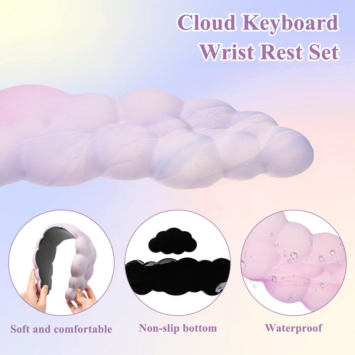 Gaming Desk Mat with Keyboard Wrist Rest Set, 4 in 1 Large Mouse Pad & Cloud Keyboard Wrist Rest& Mouse Wrist Rest&Coaster, Comfort and Support for Typing and Gaming(Purple Gradient)