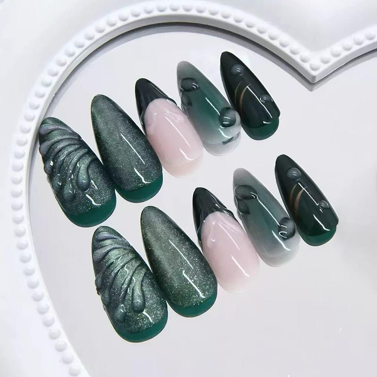 C.Z.Z.T.T.NAILS press-on nail set with jade green cat eye design, pointed tip manicure stickers with 3D droplet effect, 24 reusable women's fake nails, suitable for various occasions
