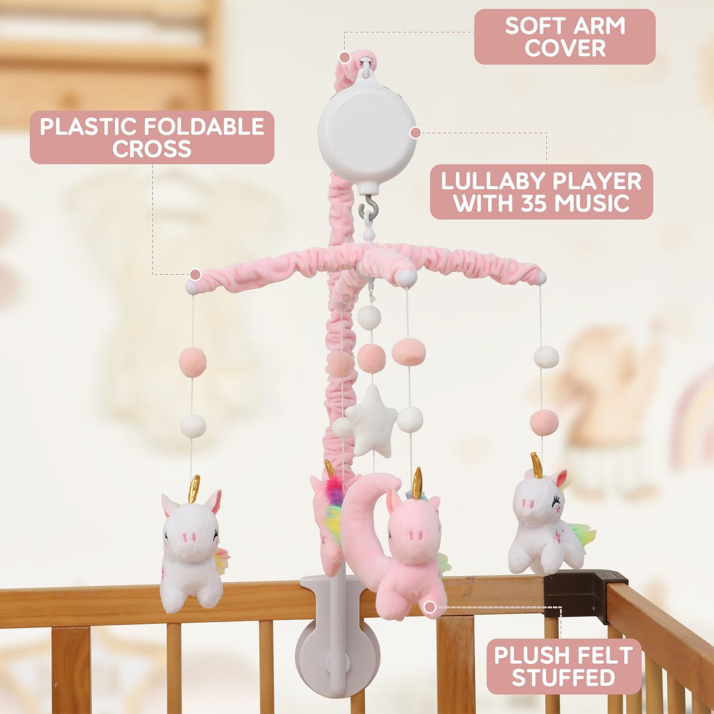Baby Crib Mobile - Unicorn Crib Mobile for Girls with 28 Inches Mobile Arm and 35 Lullabies Musical Box, 3 Modes Digital, Volume Control, Essential Gift for Infant Bedroom Hanging Decor