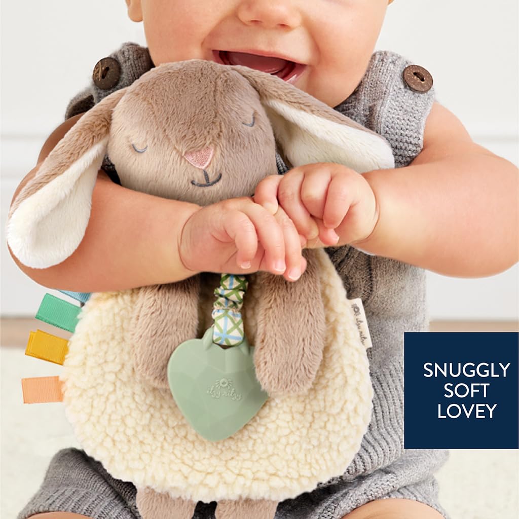 Itzy Ritzy - Itzy Lovey Including Teether - Baby Lovey with Teether, Textured Ribbons & Dangle Arms - Features Crinkle Sound, Sherpa Fabric and Minky Plush (Taupe Bunny)