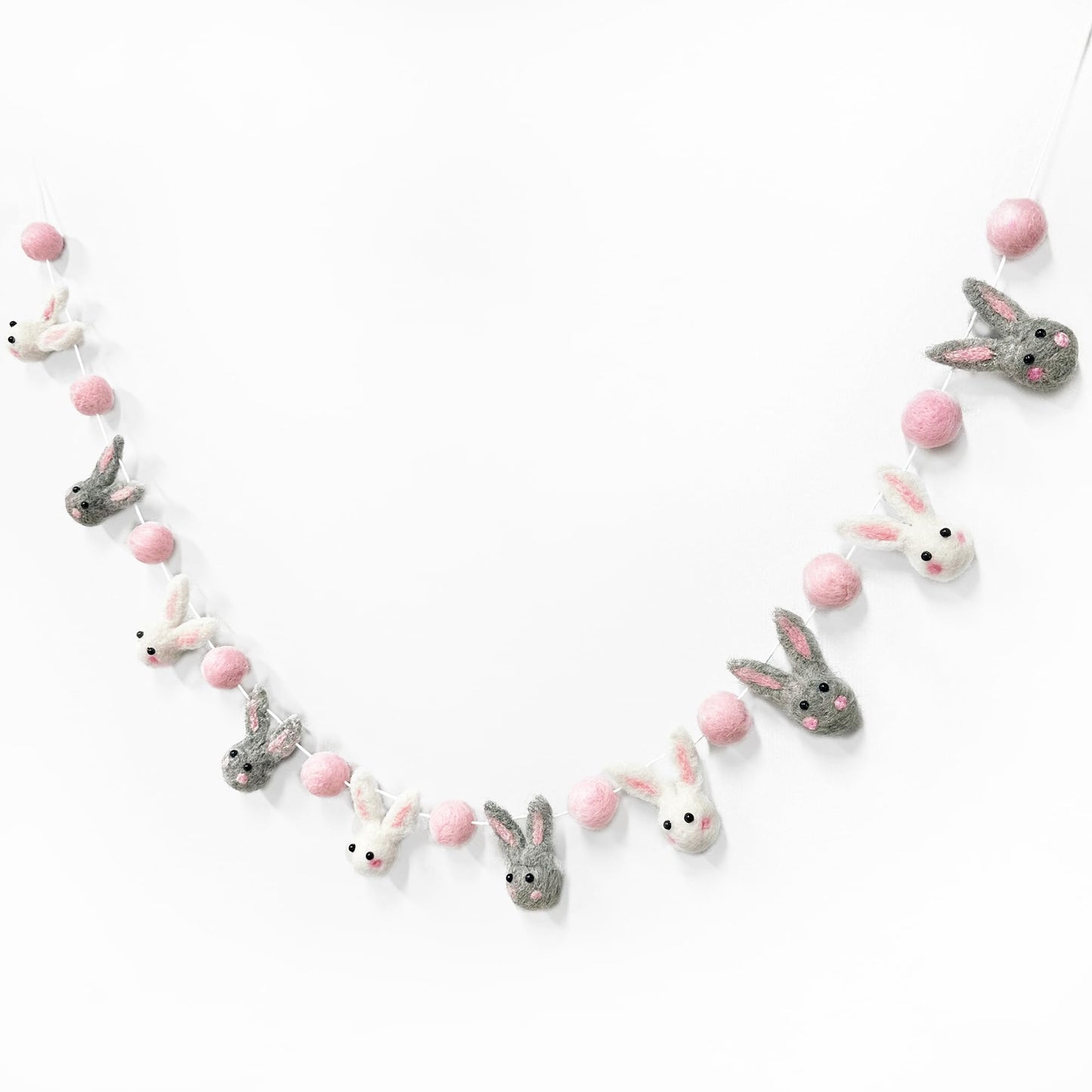pinkblume Easter Felt Garland Wool Rabbit Pom Pom Banner,Handmade Bunny Ball Garland for Easter Holiday Baby Shower/Some Bunny is One/Nursery Decorations/Wall Hanging Decor(White/Pink/Grey)