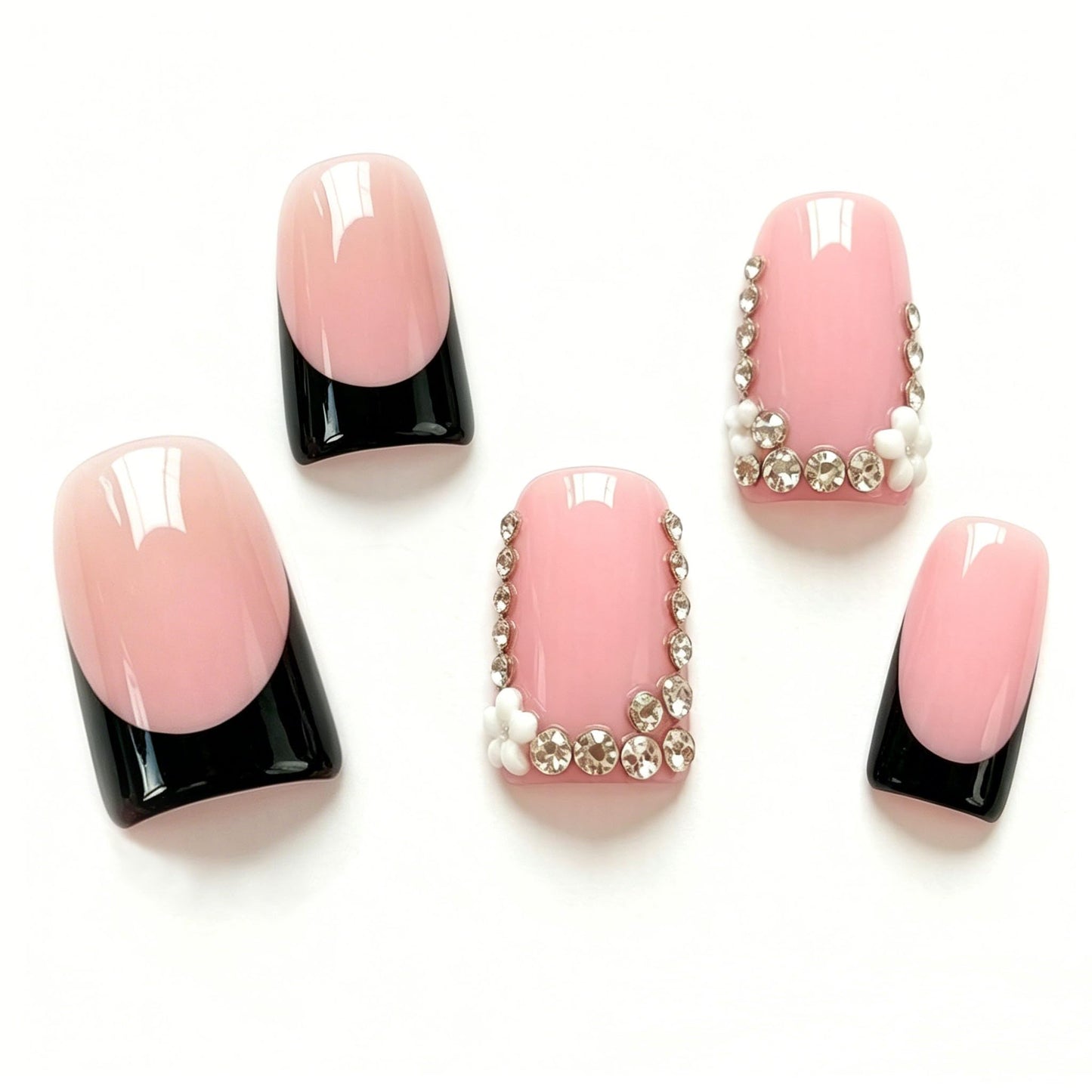 Handmade Acrylic Press on Nails Short Duck Handmade Nails with 3d Flower Rhinestone Design for Women Fake Nail Art DIY 10pcs(M)