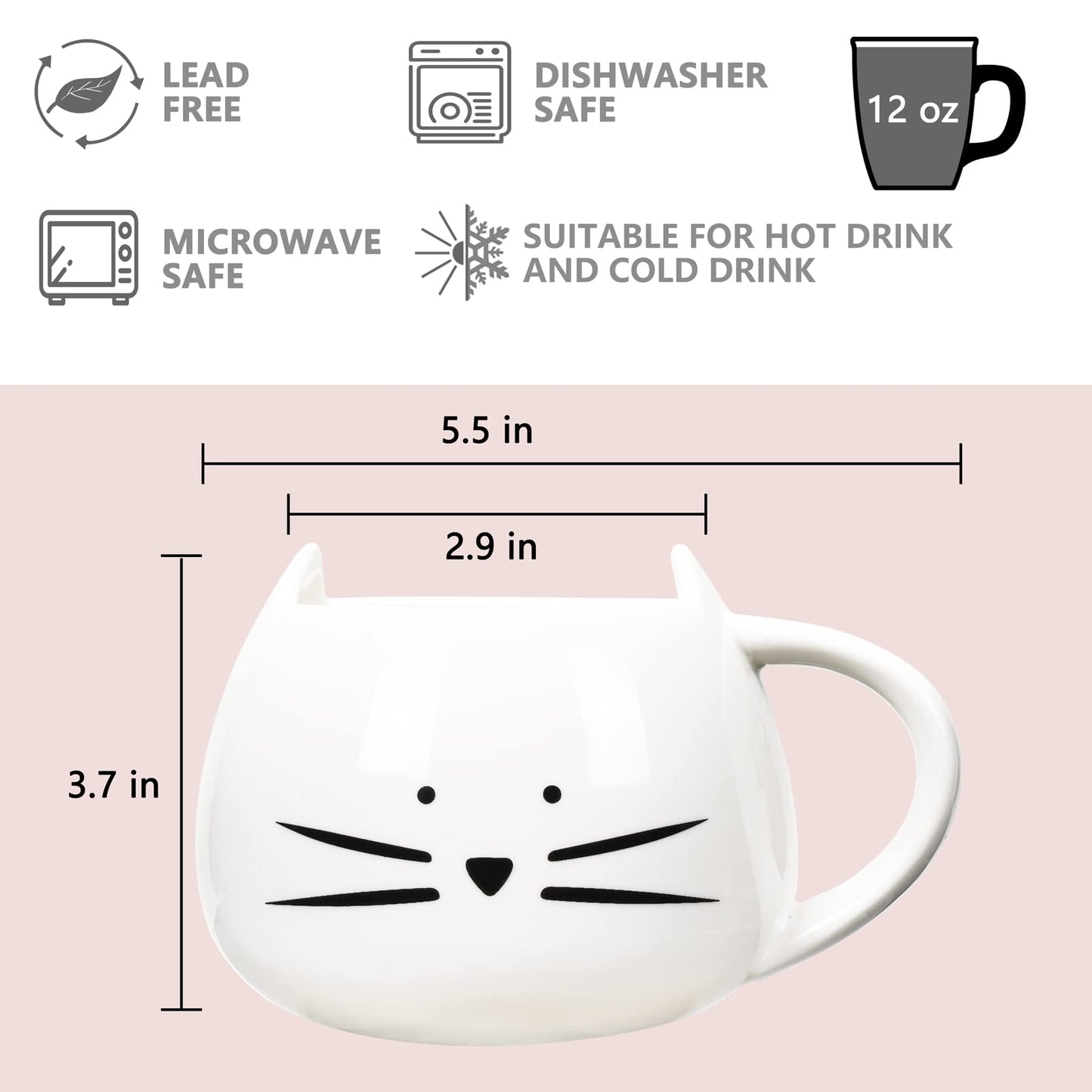 Koolkatkoo Cat Coffee Mug for Women Girls Cute Ceramic Meow Mugs for Cat Lover Tea Cup 12 oz White