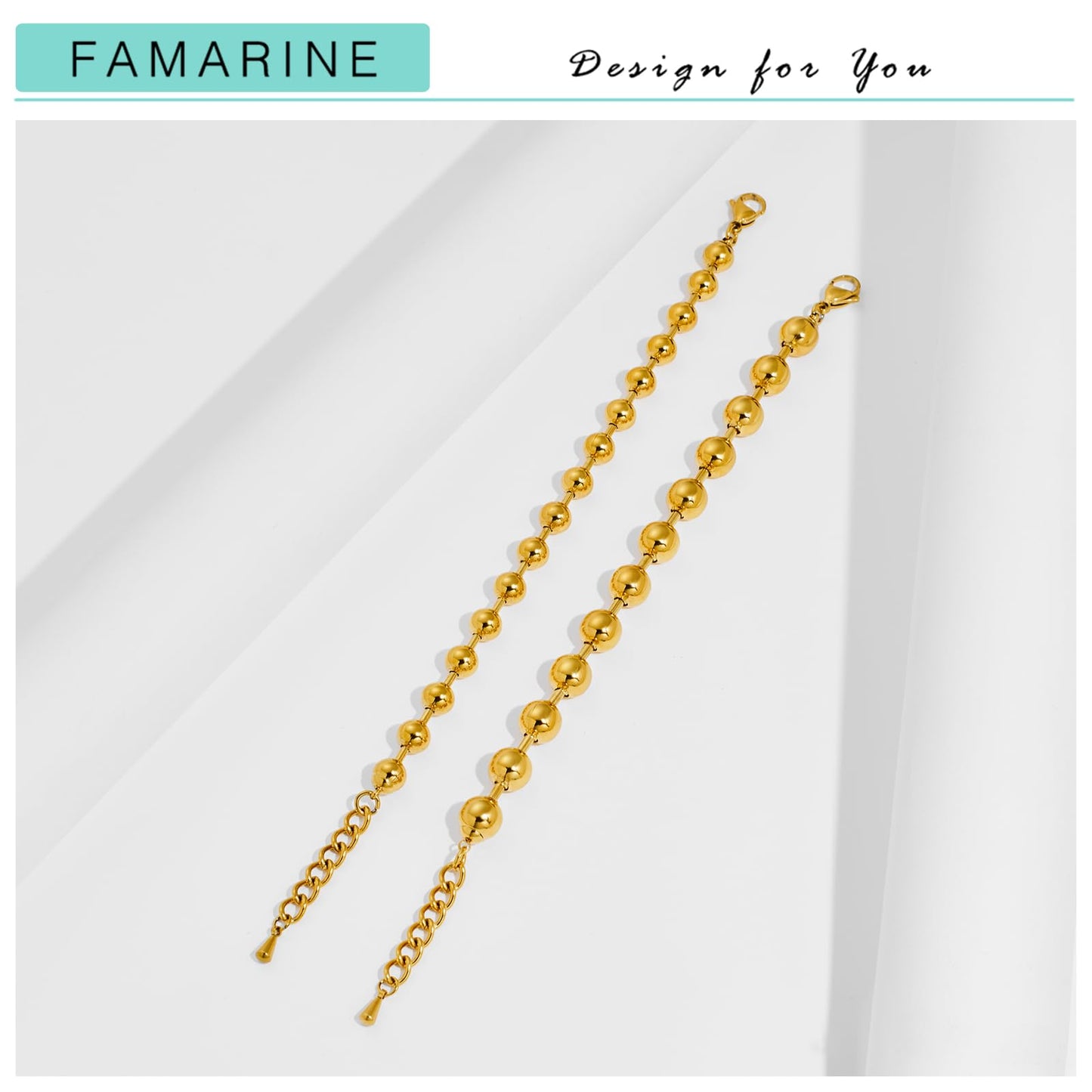FAMARINE 2 Pairs Beaded Bangle Bracelet, Stainless Steel Bead Stackable 14K Gold Plated Bracelet for Women Men