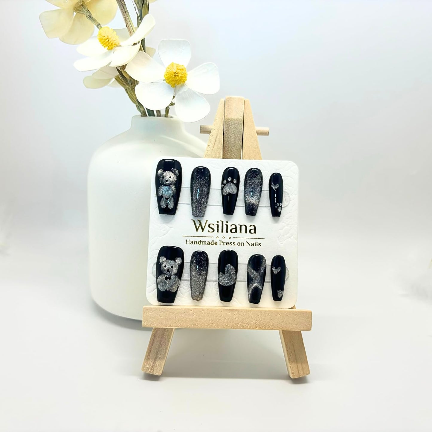 Wsiliana Handmade Fake Nails Press On Nails Medium Short Coffin Pink Tip 3D Design Art Charms Cute with Storage Box 10 Pcs (011, M)