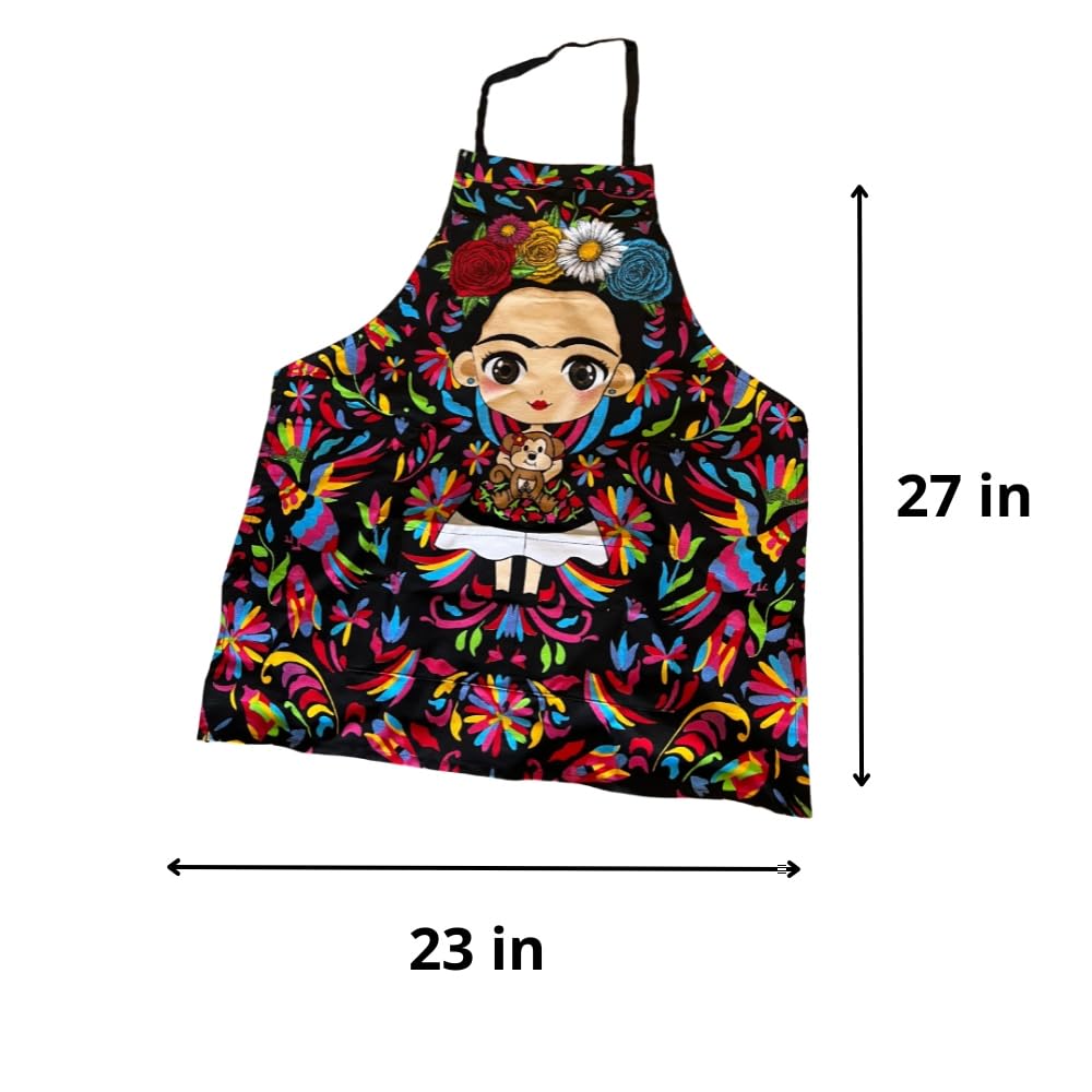 Mexican Themed Apron - 100% Cotton, Liquid Repellent, Durable, with Pocket - Ideal for Kitchen, Painting, Cleaning, Crafts (Otomi)