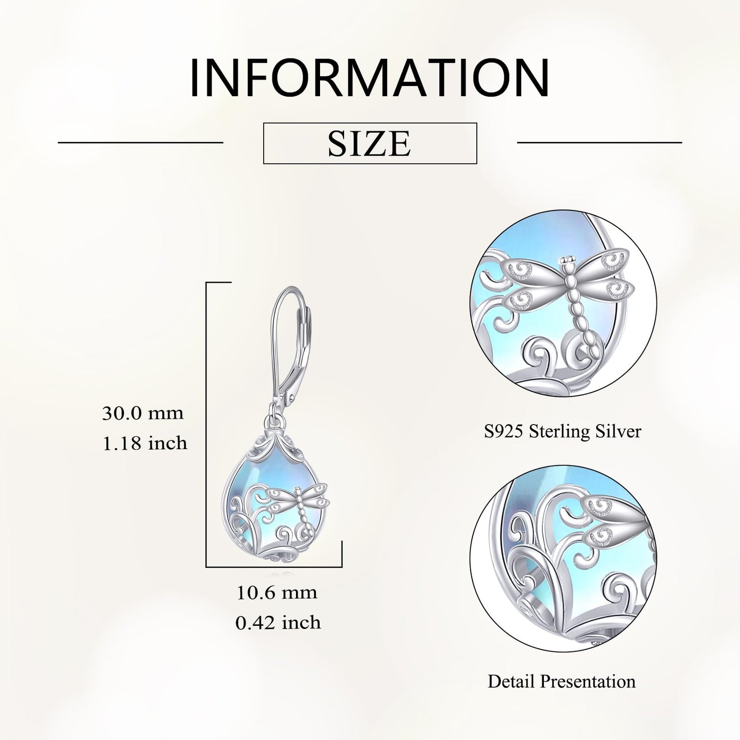 POPLYKE Moonstone Dragonfly Teardrop Drop Dangle Earrings Sterling Silver Leverback Earrings Moonstone Jewelry Gifts for Women