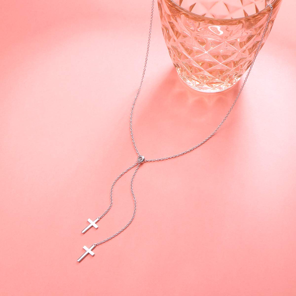 FLYOW Long Chain Dainty Necklace Simple Style 925 Sterling Silver Heart Pendant Adjustable Y Shaped Necklace Jewelry (Cross)