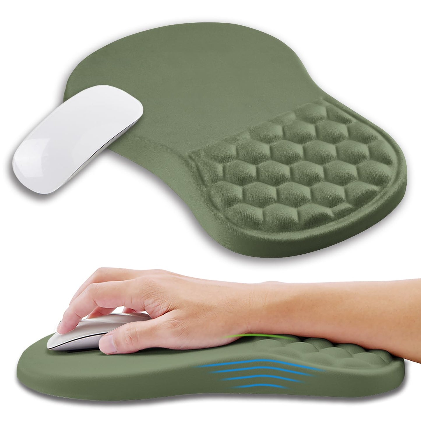Kuosgm Ergonomic Mouse Pad Wrist Support with Memory Foam Massage Bulge, Carpal Tunnel Pain Relief Mousepad Wrist Rest for Mouse(12x8 inch,Olive Green)