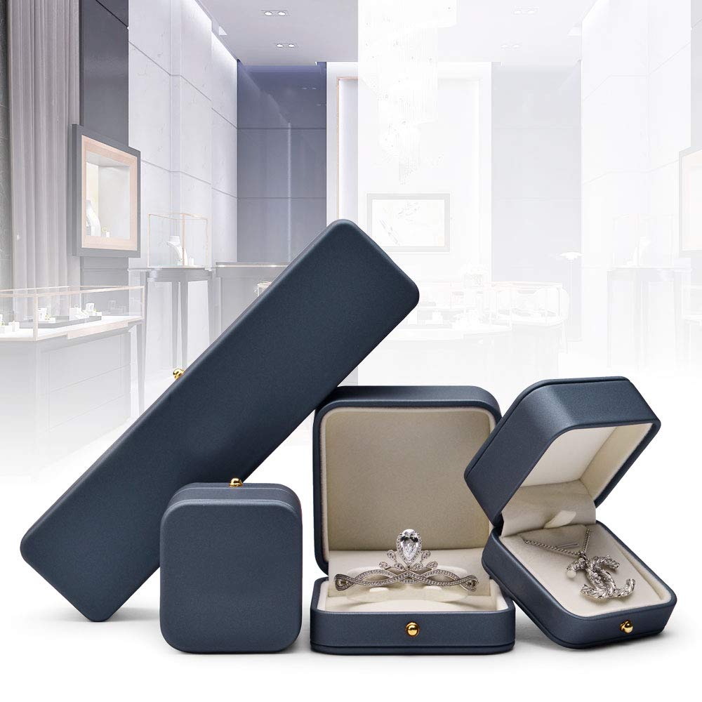 Oirlv Premium Leather Necklace Pendant Box Velvet Interior Jewelry Gift Box Long Chain Necklace Display Storage Case(Steel-blue)