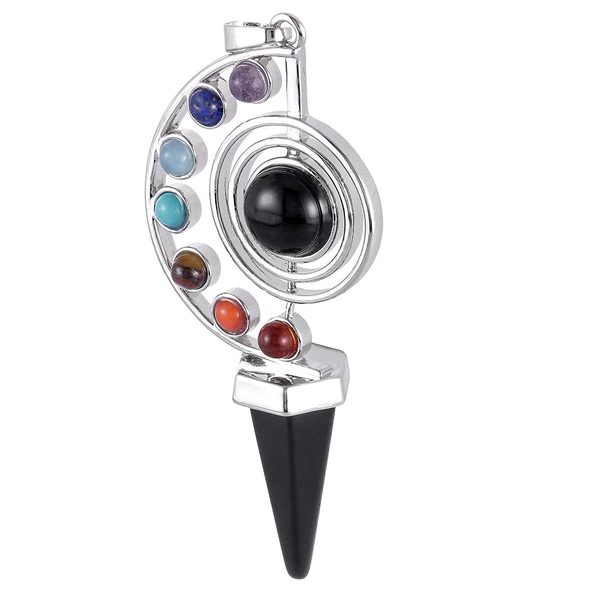 Nupuyai 7 Chakra Stone Beads Pendant Necklace for Women Men, Unique Hexagonal Point Healing Crystal Pendulum for Reiki Divination, Black Obsidian
