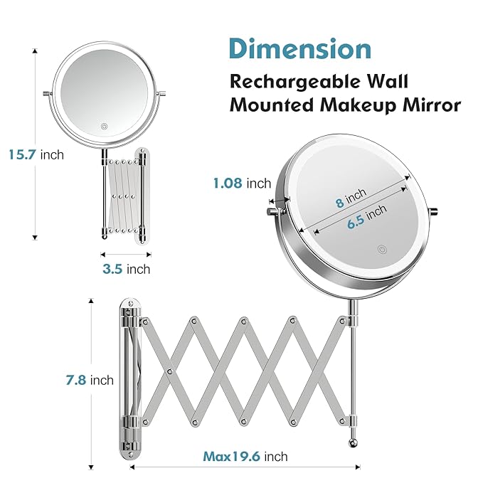 Rechargeable Wall Mounted Makeup Mirror - 8 Inch Double Sided 1X/30X Magnifying Mirror with 3 Color Lights Dimmable Touch Screen, 360°Swivel 19.6 Inch Extendable Accordion Bathroom Mirror - Chrome