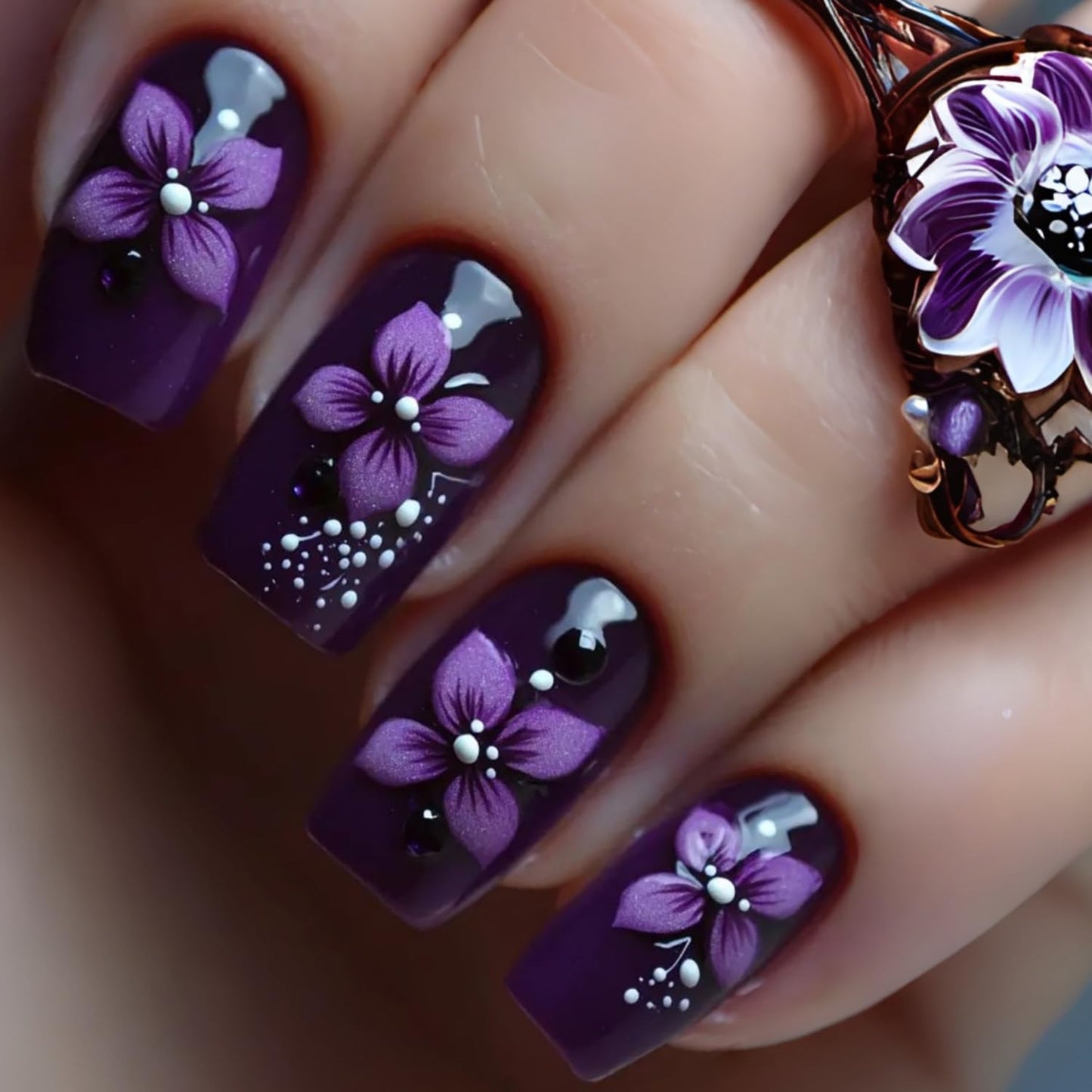 Purple Flower Press on Nails Medium Square Fake Nails with Floral Designs Black False Nail Full Cover Glossy Acrylic Artificial Fingernails Spring Summer Stick on Nail for Women 24Pcs