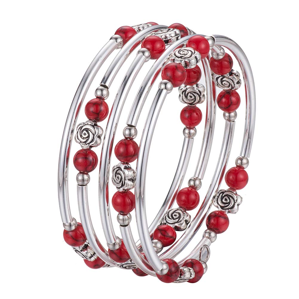 BULINLIN Wrap Bangle Rose Bead Bracelet - Beaded Bracelet with Natural Agate Stone Gifts For Women(01-Red turquoise)