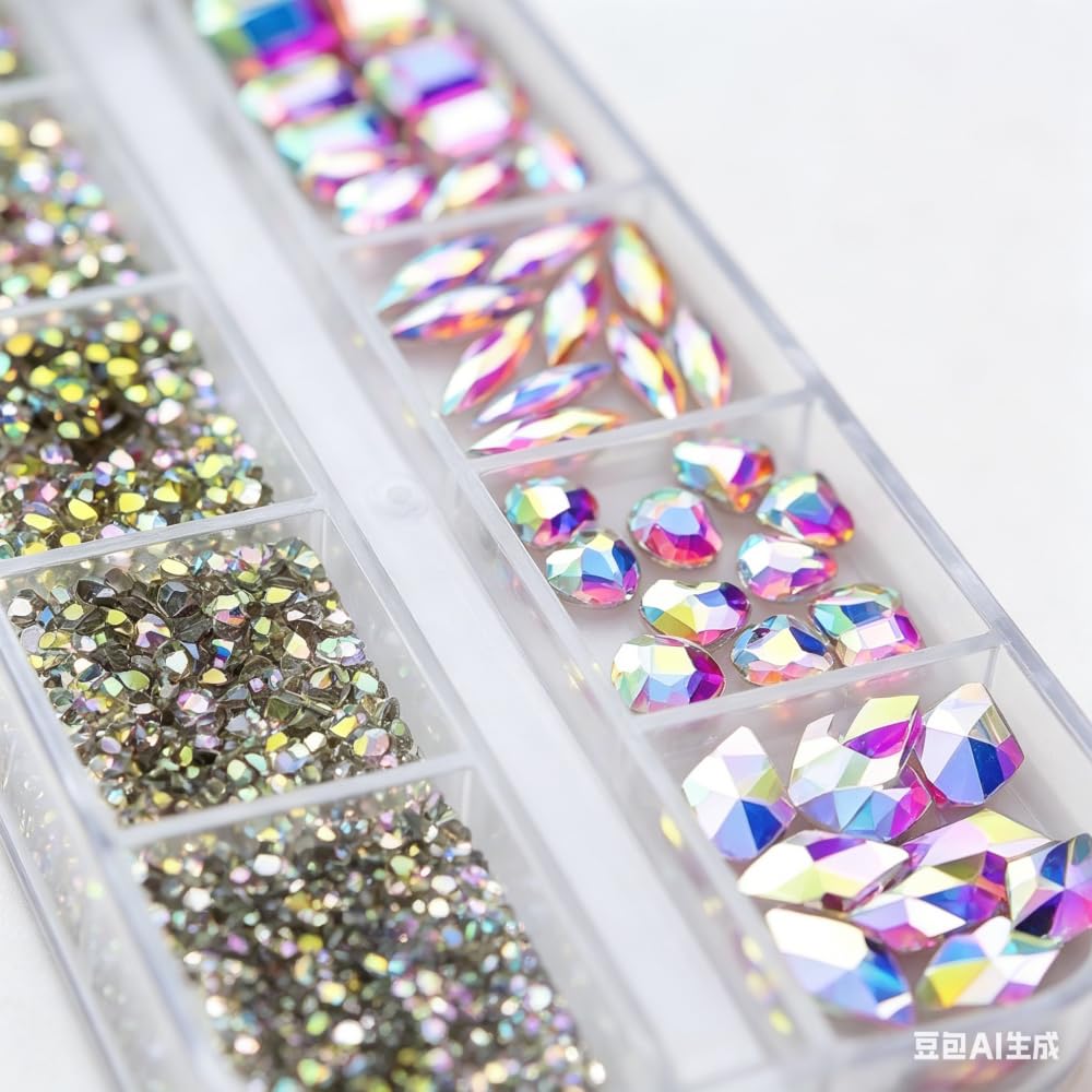 AB Crystal Nail Charms 3D Nail Gems Clear Flatback Nail Jewels Multi Shape Size Diamonds Nail Rhinestones Iridescent Mixed Size Round Hearts Crystals Gems for DIY Nails Faces Makeup Crafts 12Grid
