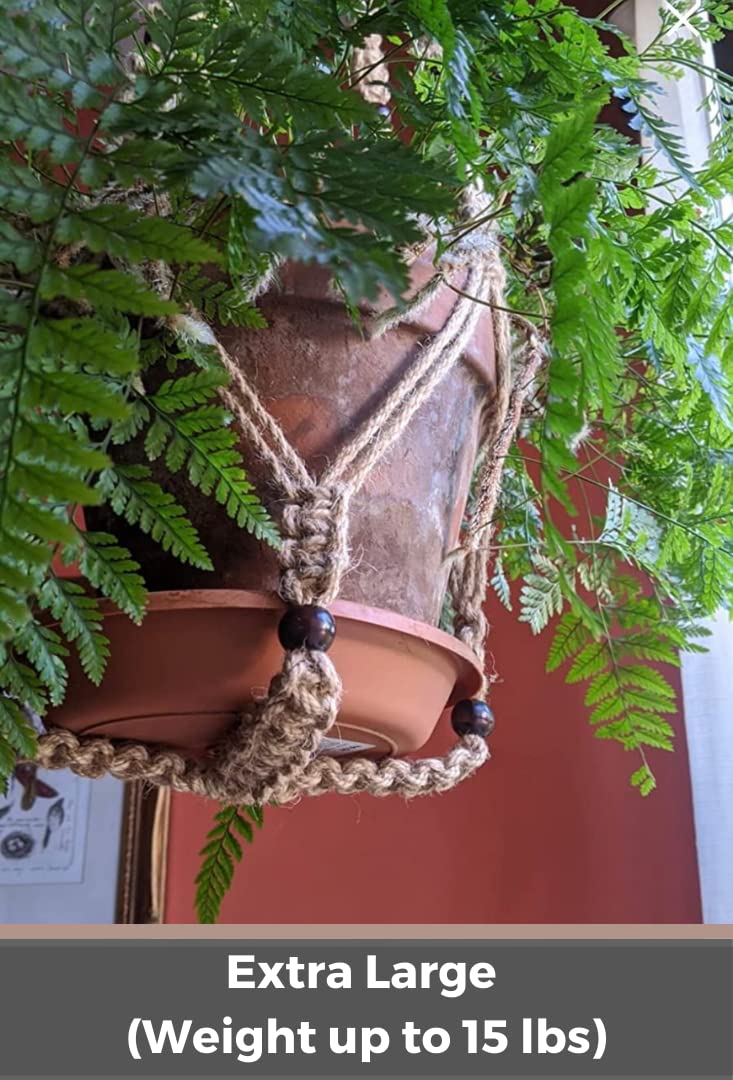 Shineloha 43 Inches Macrame Planter Hanger Large for 12 inch Pot + Swag Hook (Extra Long & Big) | Large Hanging Planter for Indoor Plants | No Tassel, Cotton Rope, NO Pot/Plant Included (Jute)(XL)