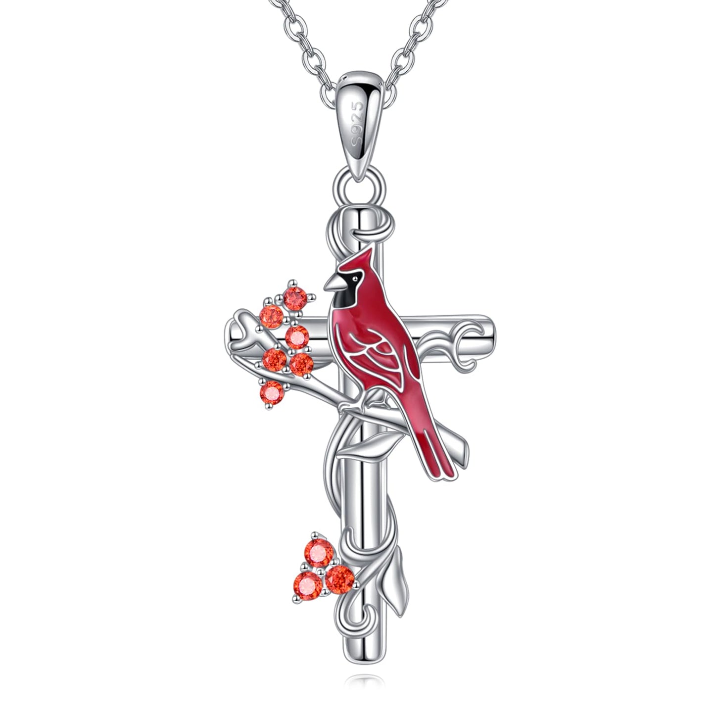 VONALA Cardinal Cross Necklace 925 Sterling Silver Red Bird Pendant Jewelry Gift for Women