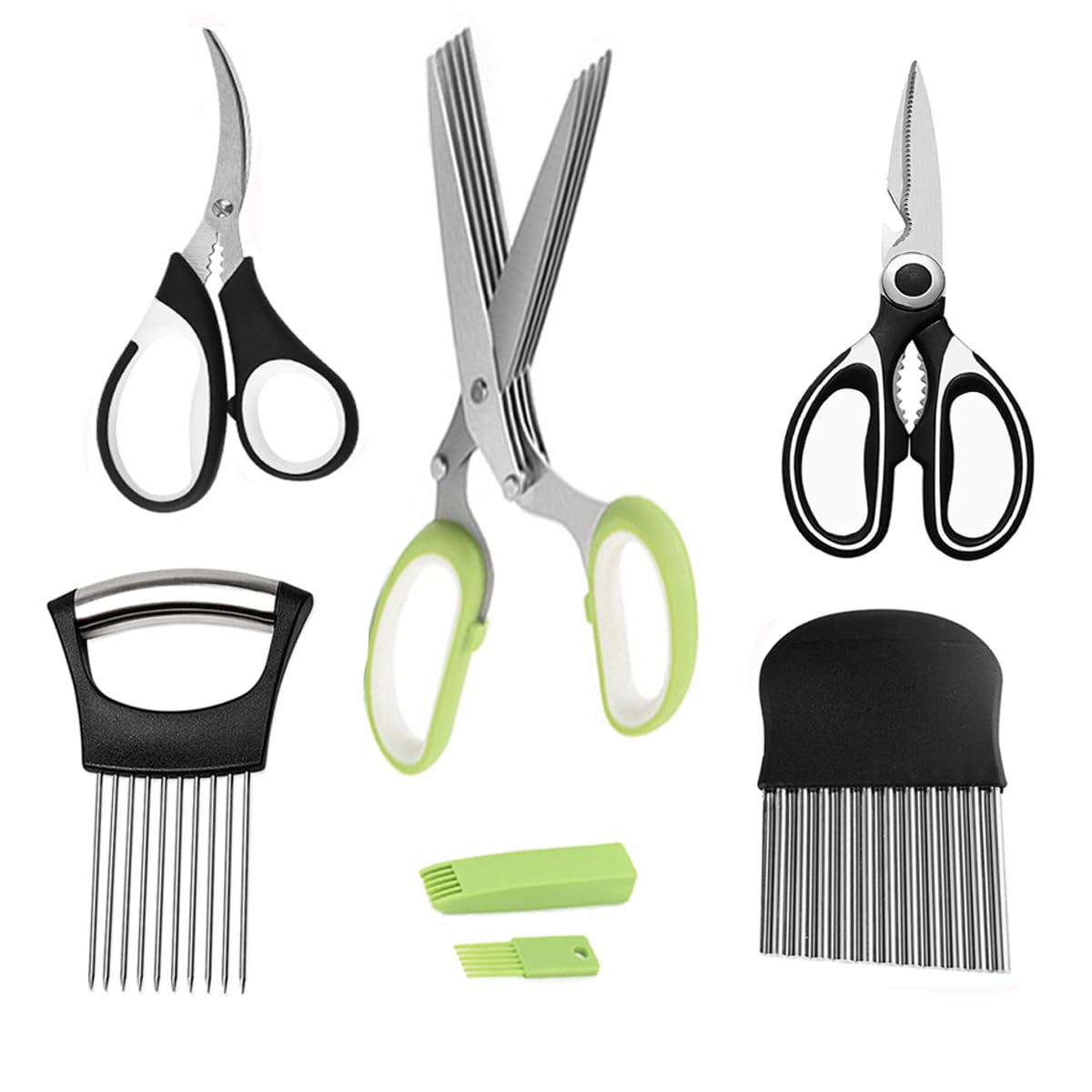 5-Blade Herb Scissors, Kitchen Shears, Seafood Scissors, Onion Holder Slicer and Potato Crinkle Cutter, yamesu Kitchen Gadget Salad Herb Tools 5 Sets