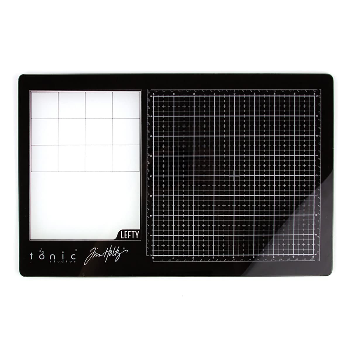 Tim Holtz Travel Glass Cutting Mat - Left Handed Portable Work Surface with 8x8 Measuring Grid and Palette for Mixed Media - Art Supplies with Carry Case