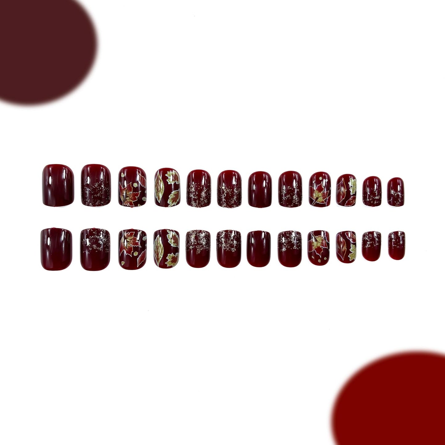Fall Press on Nails Short Square Fake Nails Maple Leaves design Stick on Full Cover Red Brown Thanksgiving False Nails Gold Glitter Acrylic Artificial Nail for Women Girls Autumn Nail Accessories24pcs