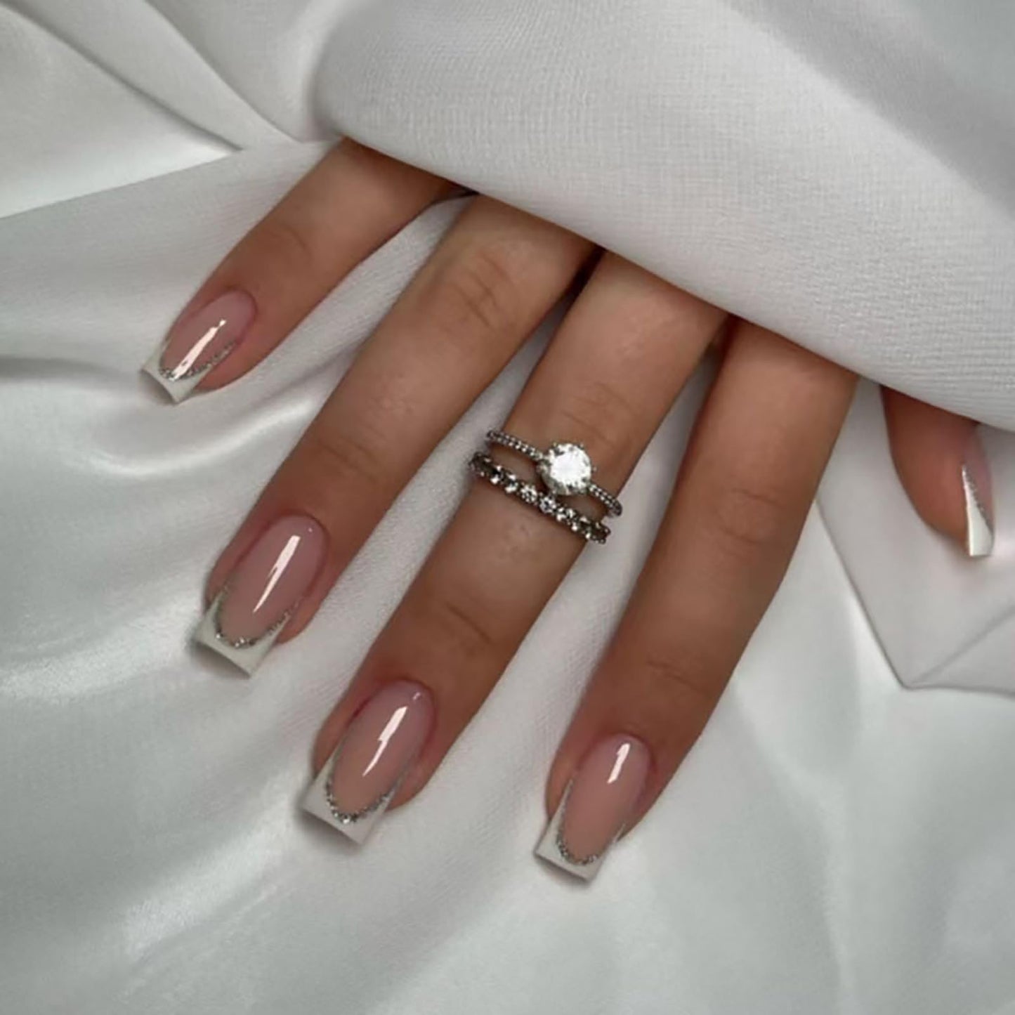 Medium Square Press on Nails With White French Tip Fake Nails Nude Pink Press ons with Silver Line Design Acrylic False Nails Glossy Artificial Stick on Nails for Women Girls 24 Pcs