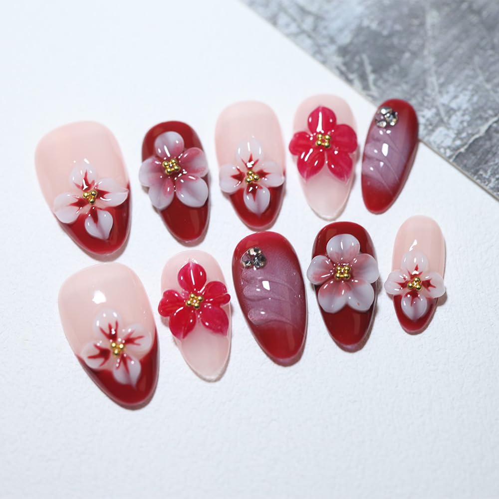 10 short Almond Handmade Press On Nails | 3D Floral Red & Nude Romantic Cherry Blossom Design with Rhinestones,New styles | Skip Salon Trips, Easy to Apply & Remove, Reusable (251108, S)