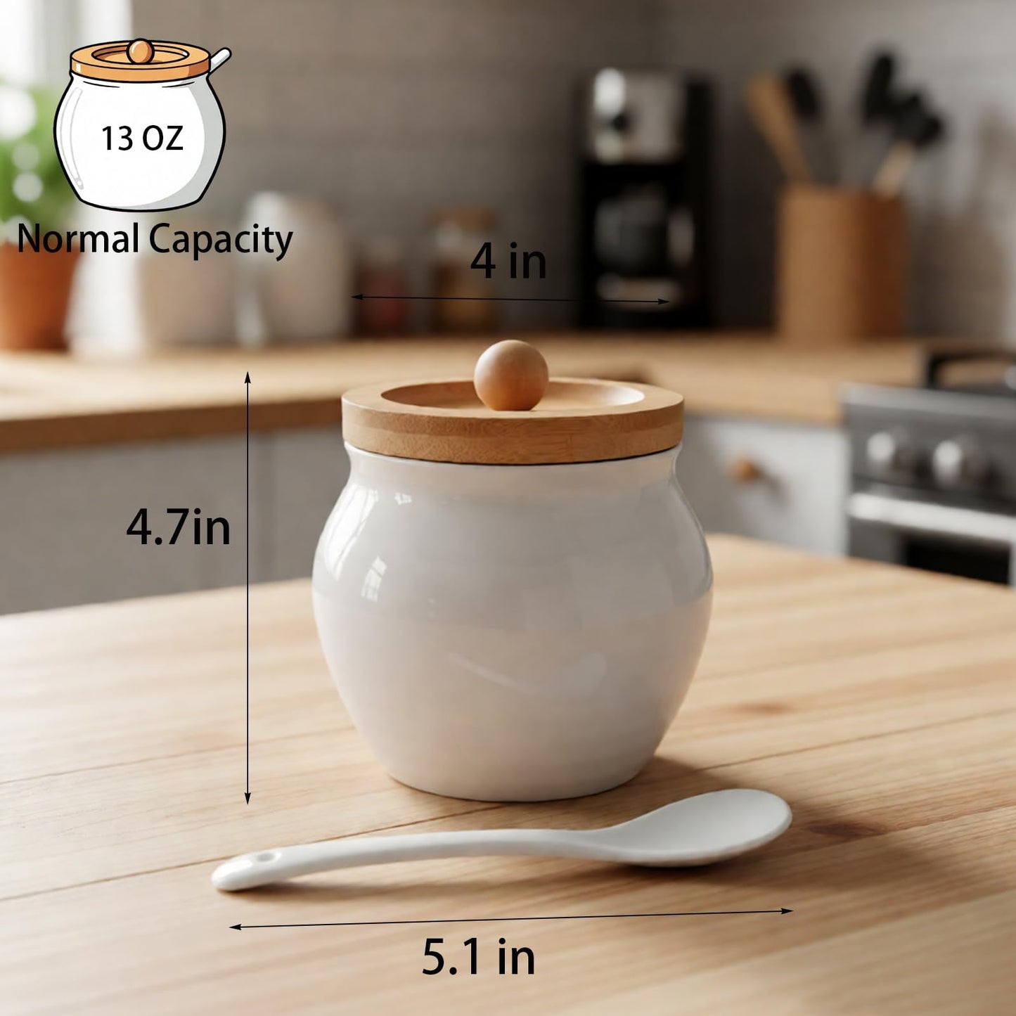 Rougizor 13oz Ceramic Sugar Bowl with Lid and Spoon, Porcelain Sugar Jar with Bamboo Lid, Salt Container Jar for Coffee Bar, Countertop, Kitchen, White Seasoning Container