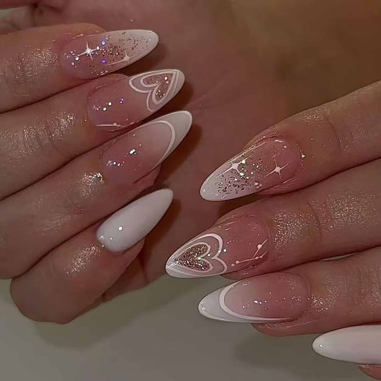 24 Pcs Valentine’s Day Press on Nails Almond False Nails Heart Fake Nails with Glitter Design Pink White Full Cover Artificial Nails French Medium Glue on Nails Reusable Stick on Nails for Women
