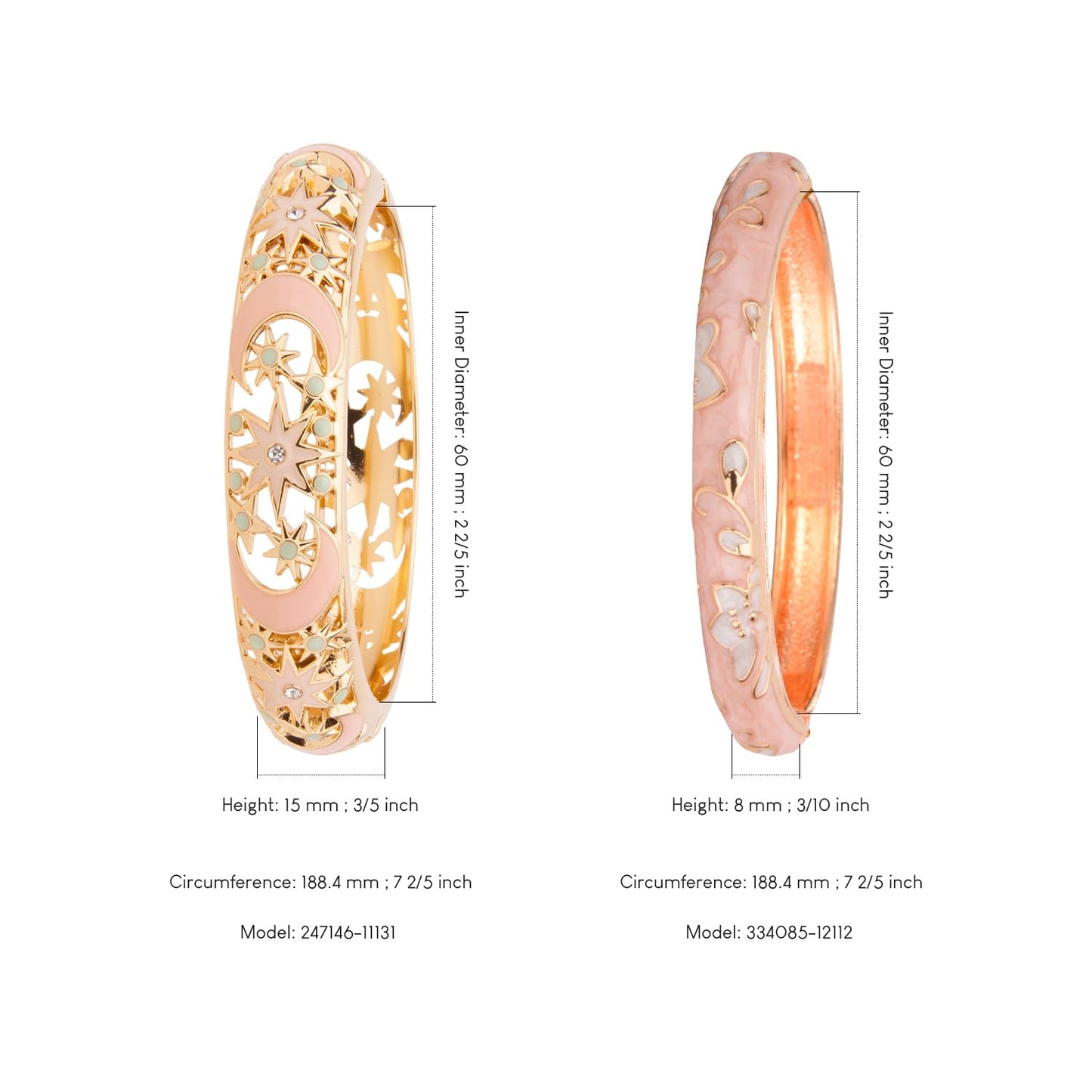 UJOY Womens Multi-Colors Cloisonne Bracelet Gold Plated Moon Star Enameled Hinged Cuff Bangles Jewelry Gift 88A-3PC Pink