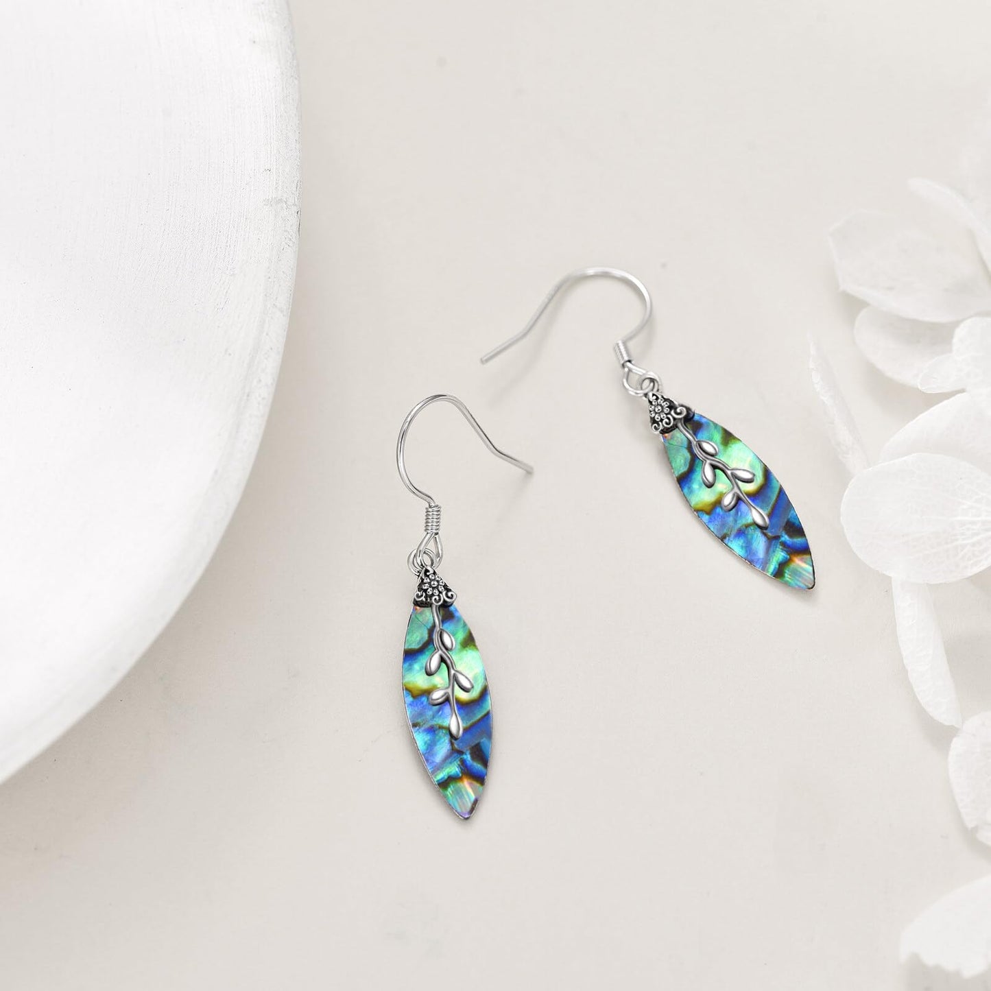POPLYKE Teardrop Leaf Abalone Earrings for Women 925 Sterling Silver Leaf Earrings Dangle Leaf Jewelry Gifts Green Earrings