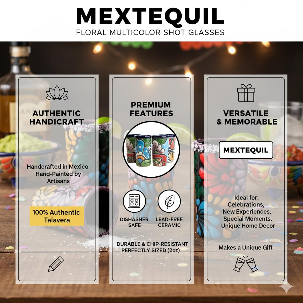 MEXTEQUIL - Talavera Shot Glasses Set of 4 Authentic Mexican Tequila Shot Glasses - Hand-painted - 2 Oz (Blue with Green)