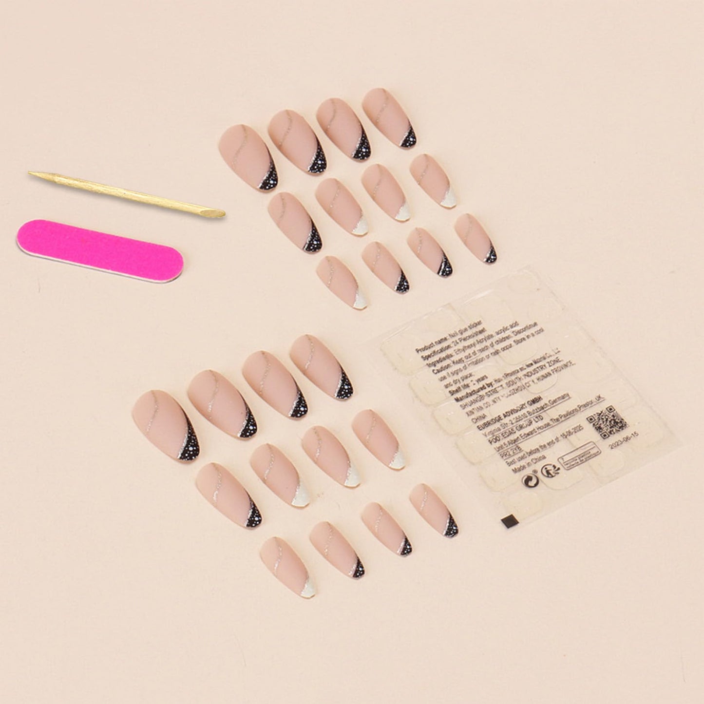 Gold Line Almond Press on Nails - Medium French Tip False Nails with Designs - Glue on Full Cover Acrylic Nails Art DIY Stick on Nails for Women - 24 Pcs