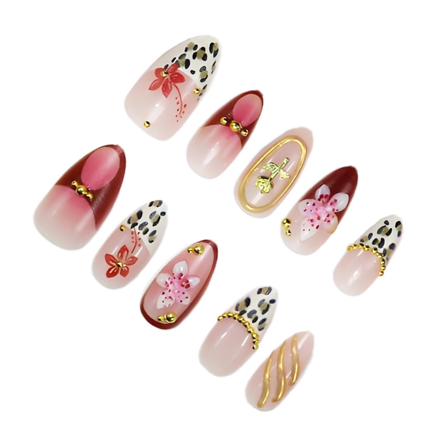 30Pcs French Tip Press on Nails Medium Almond Fake Nails with Gold Beads Rose Designs Flower False Nails Stick-on Nails French Almond Nail Tips Handmade Press on Artificial Manicure for Women Decor
